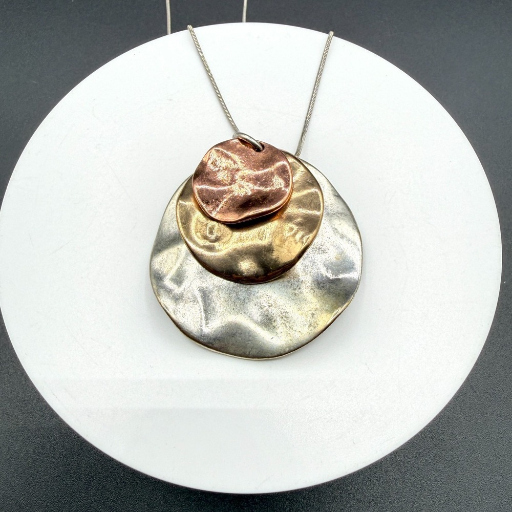 Mixed Metal Hammered Disc Pendant Necklace Silver Gold & Copper Tone Statement